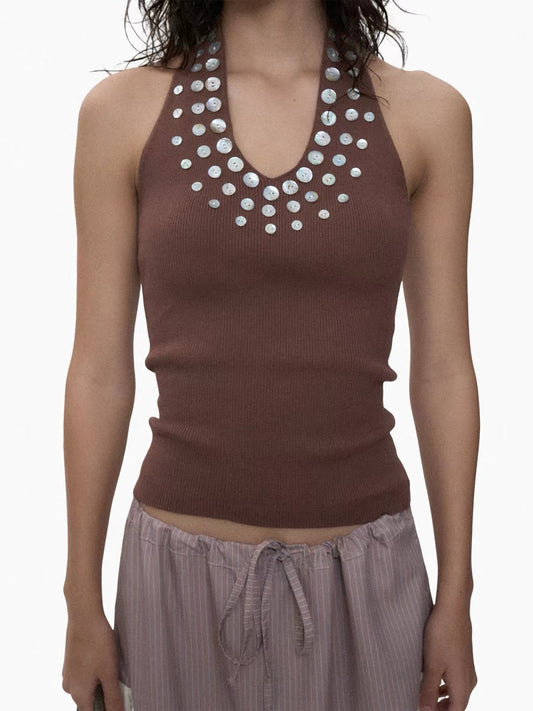 NO INFO | Intellectual Beaded Halter Knit Top