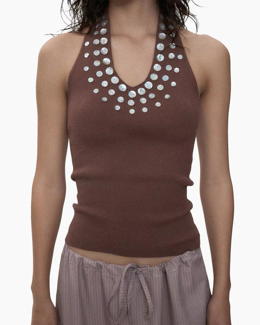 NO INFO | Intellectual Beaded Halter Knit Top