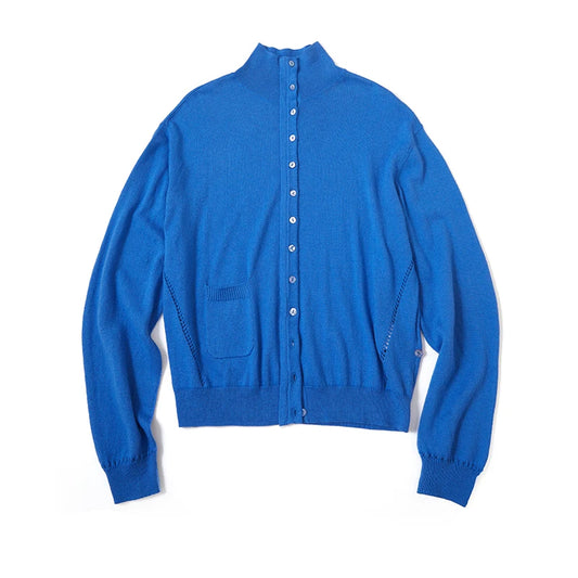 Cobalt Blue Wool-Blend Polo Cardigan