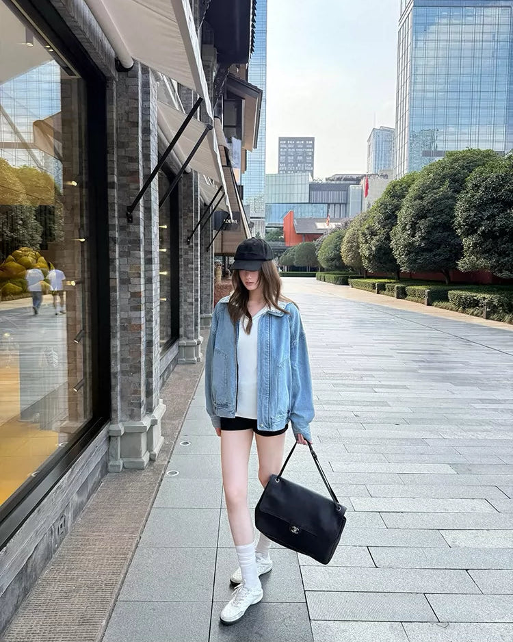 Elle | Vintage Oversized Zip-Up Washed Denim Jacket
