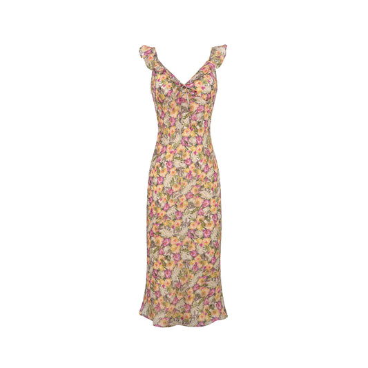 French Floral Ruffle V-Neck Midi Dress
