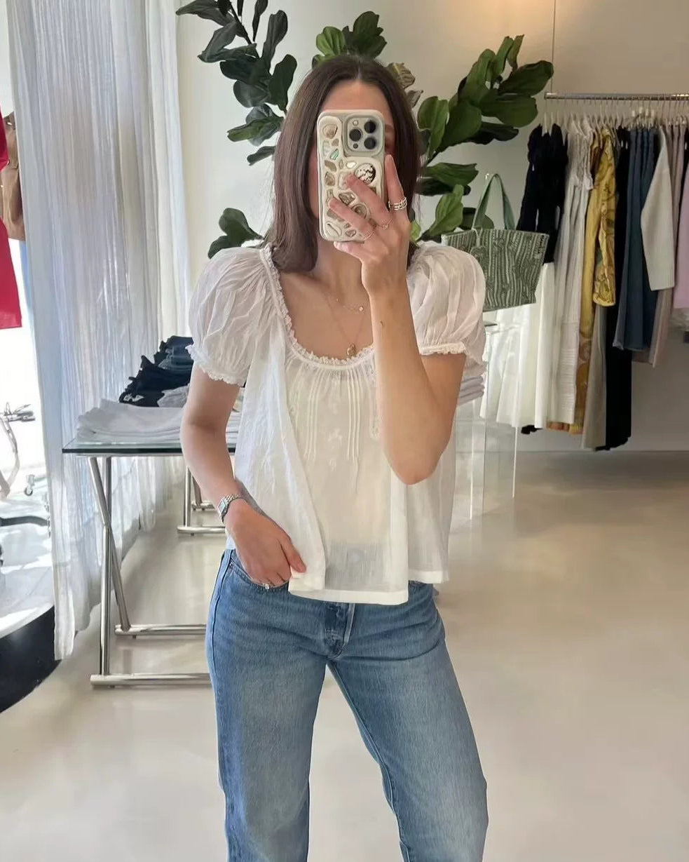 French Lace Embroidered Cotton Blouse