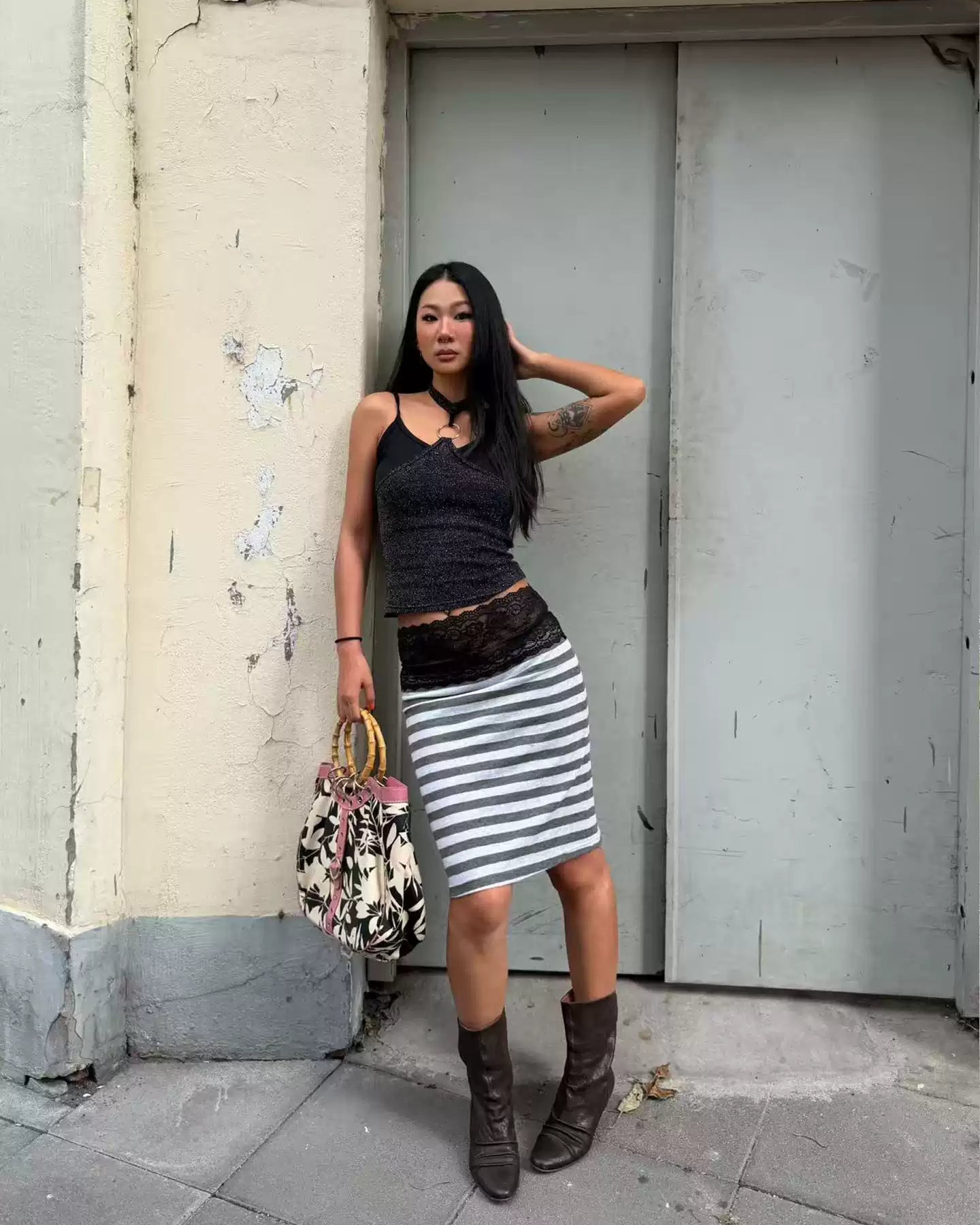 Elle | Lace Waist Stripe Midi Skirt
