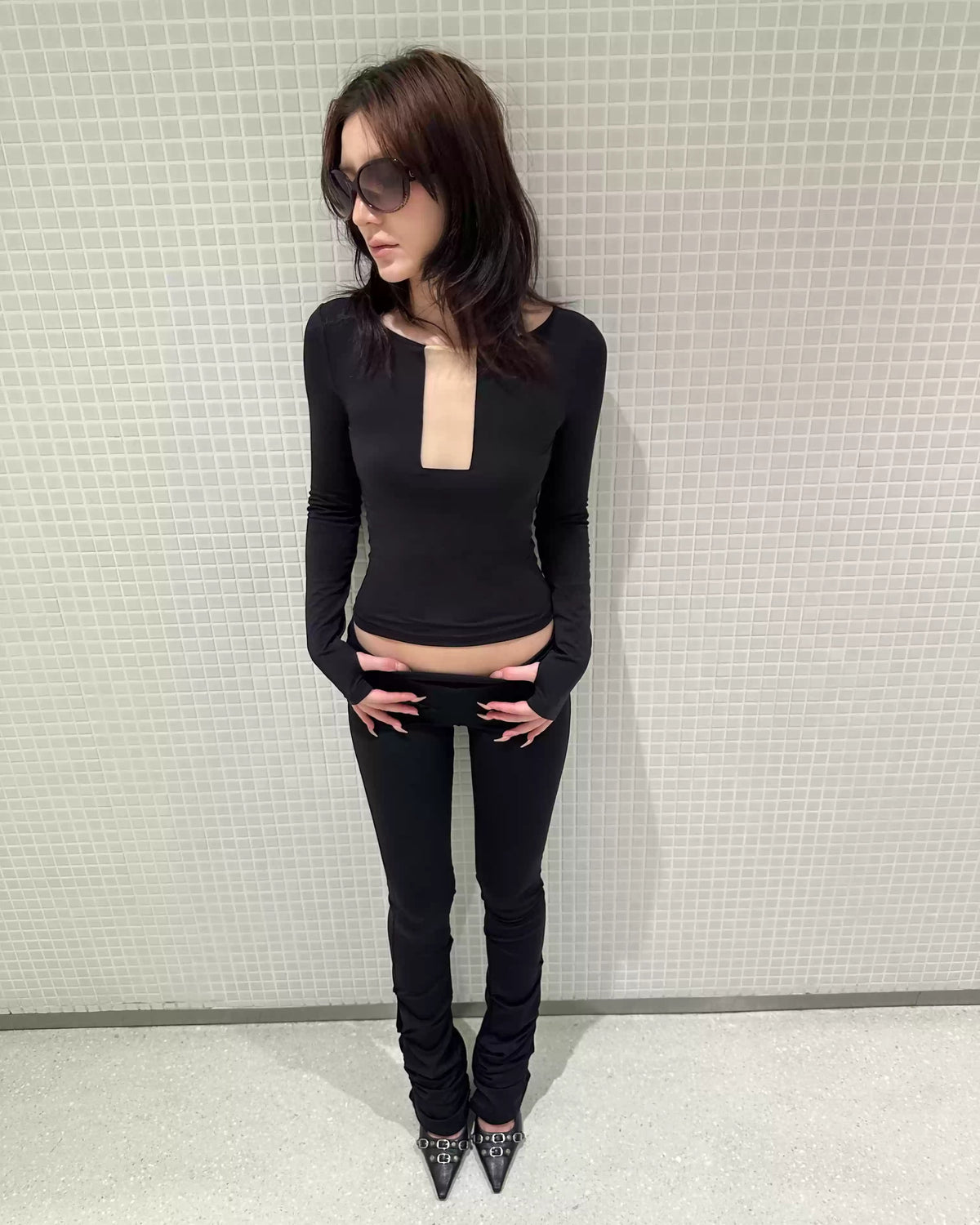 Noir Mesh Cutout Long Sleeve Top