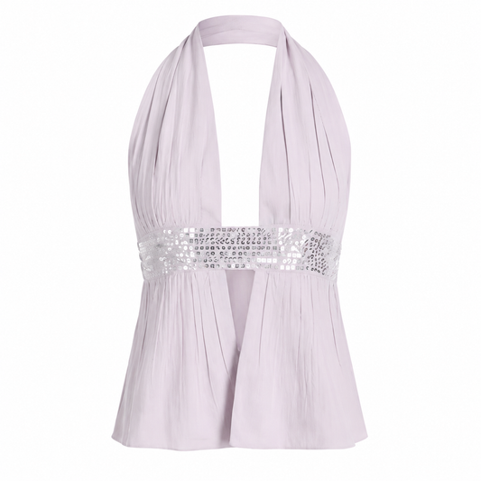 Elle | Sequin Halter Open-Back Top-Smoky Lilac