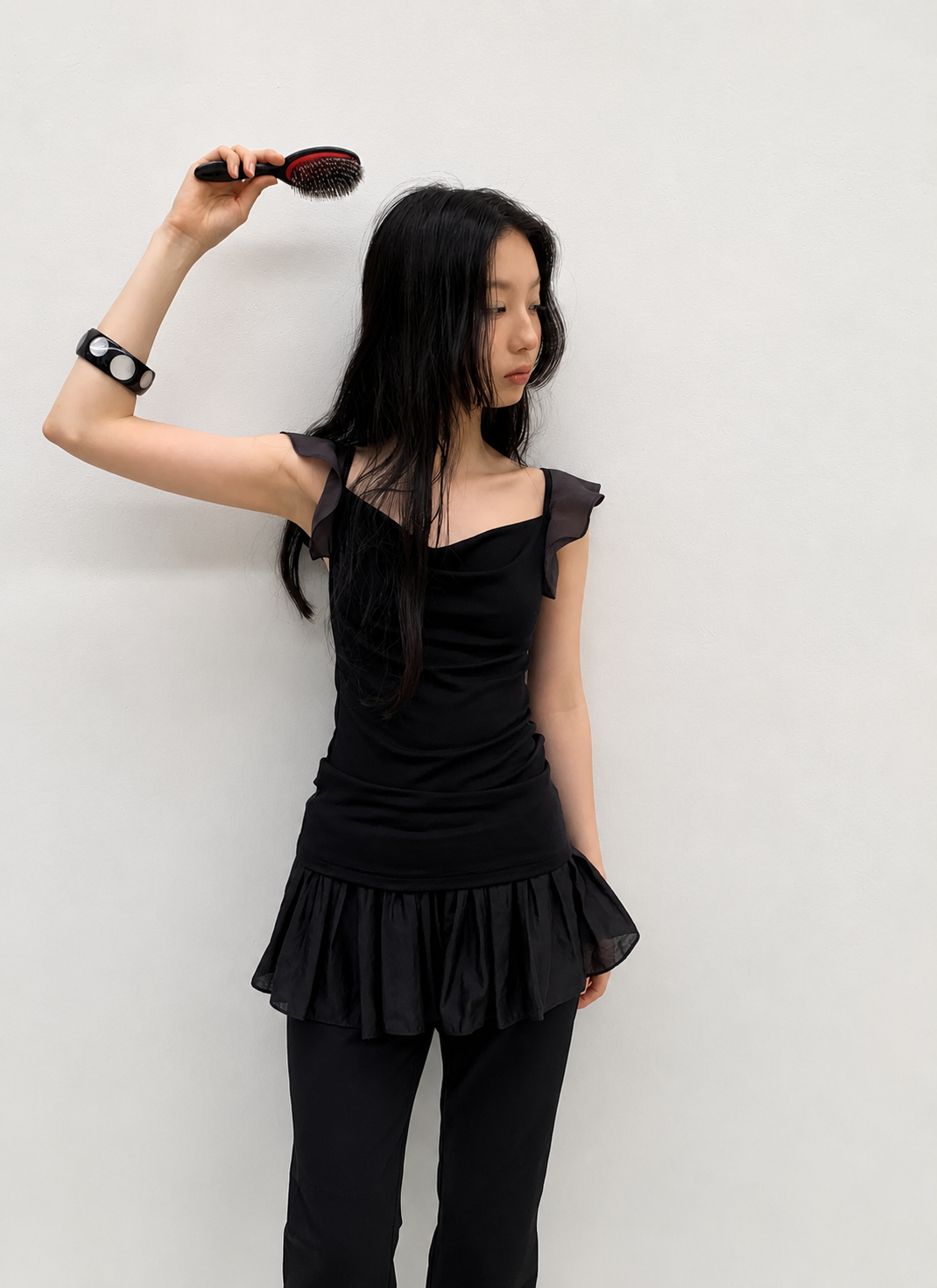 Ruffle Cowl Neck Fitted Top