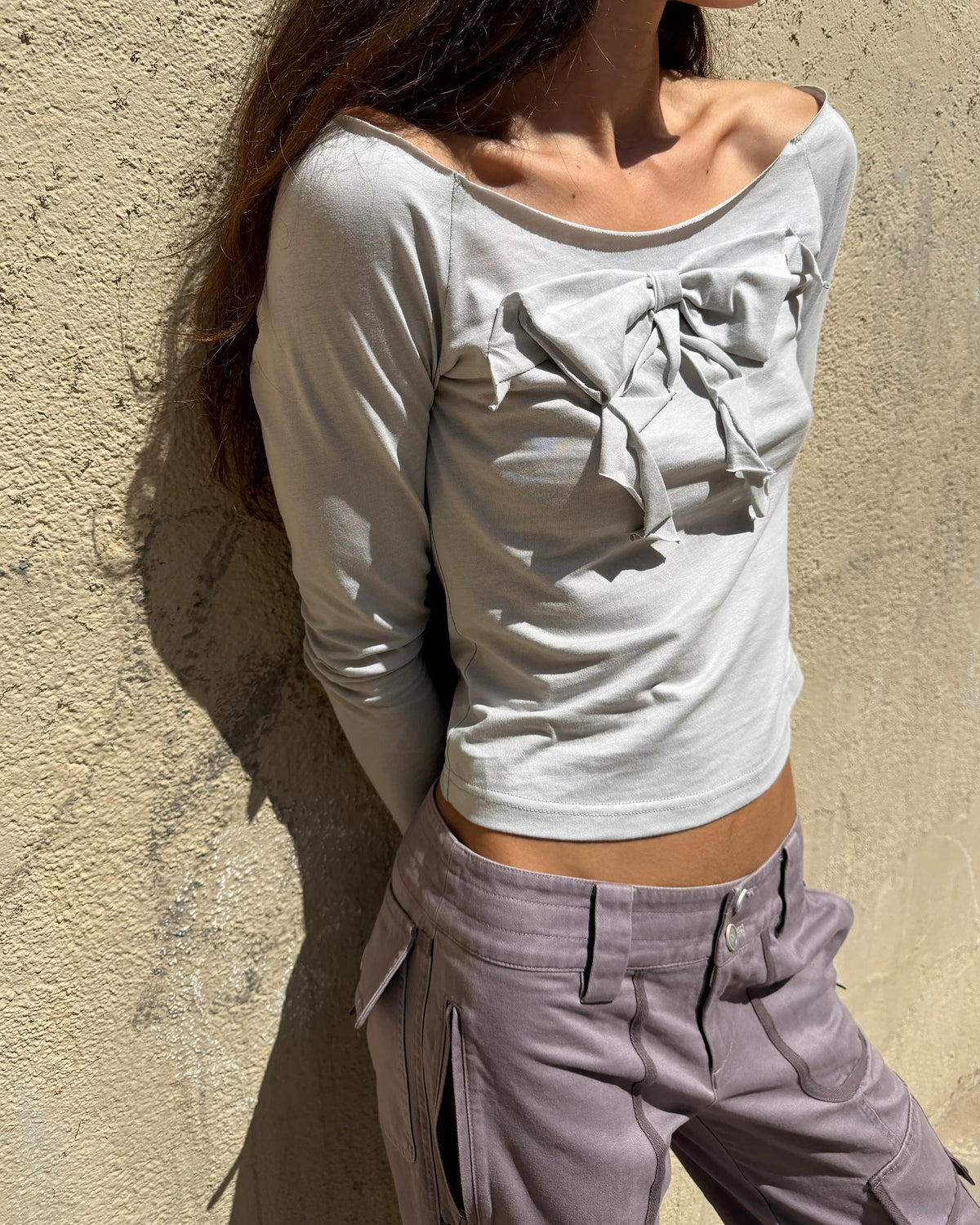 3D Bow Off-Shoulder Long Sleeve Tee