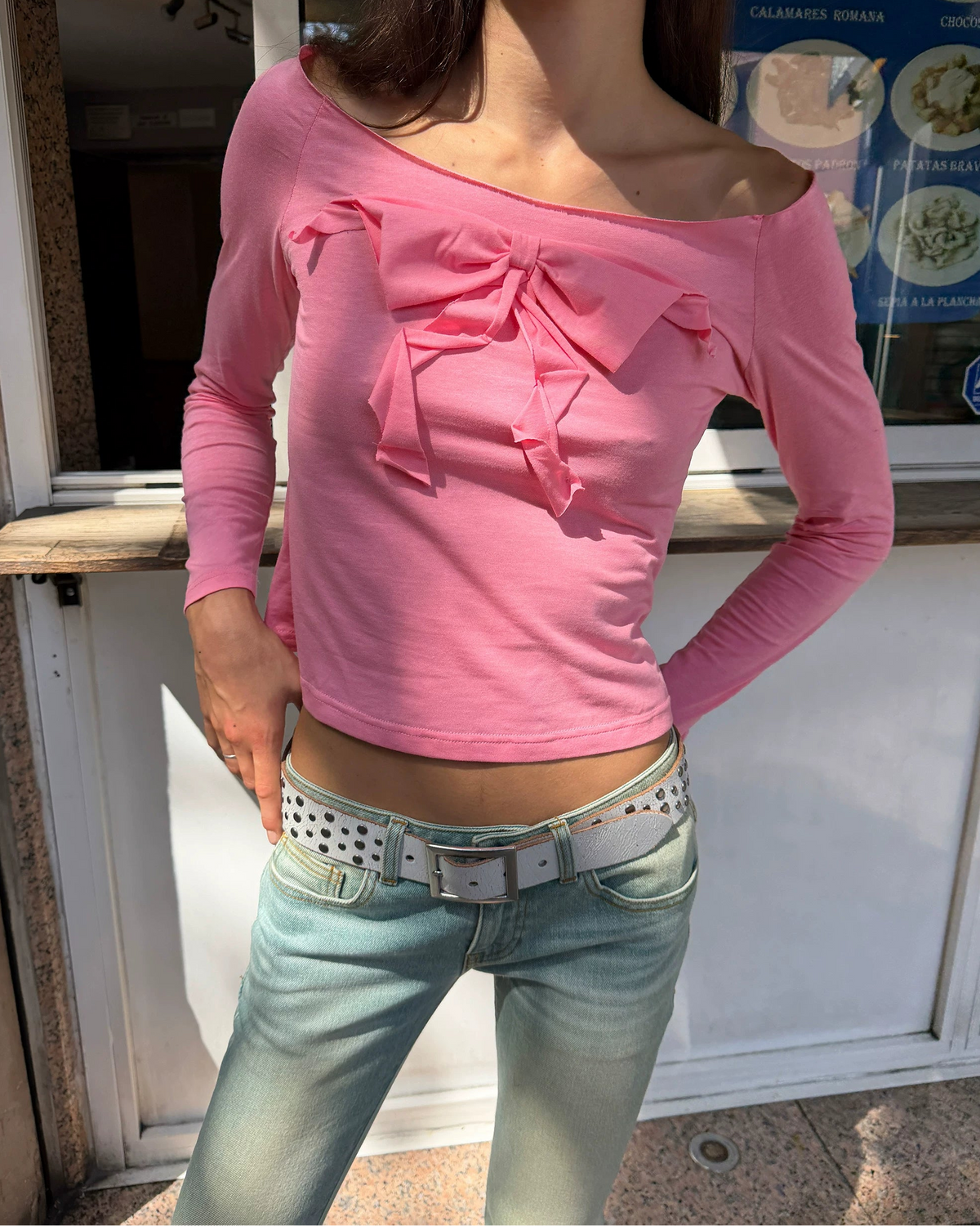 3D Bow Off-Shoulder Long Sleeve Tee