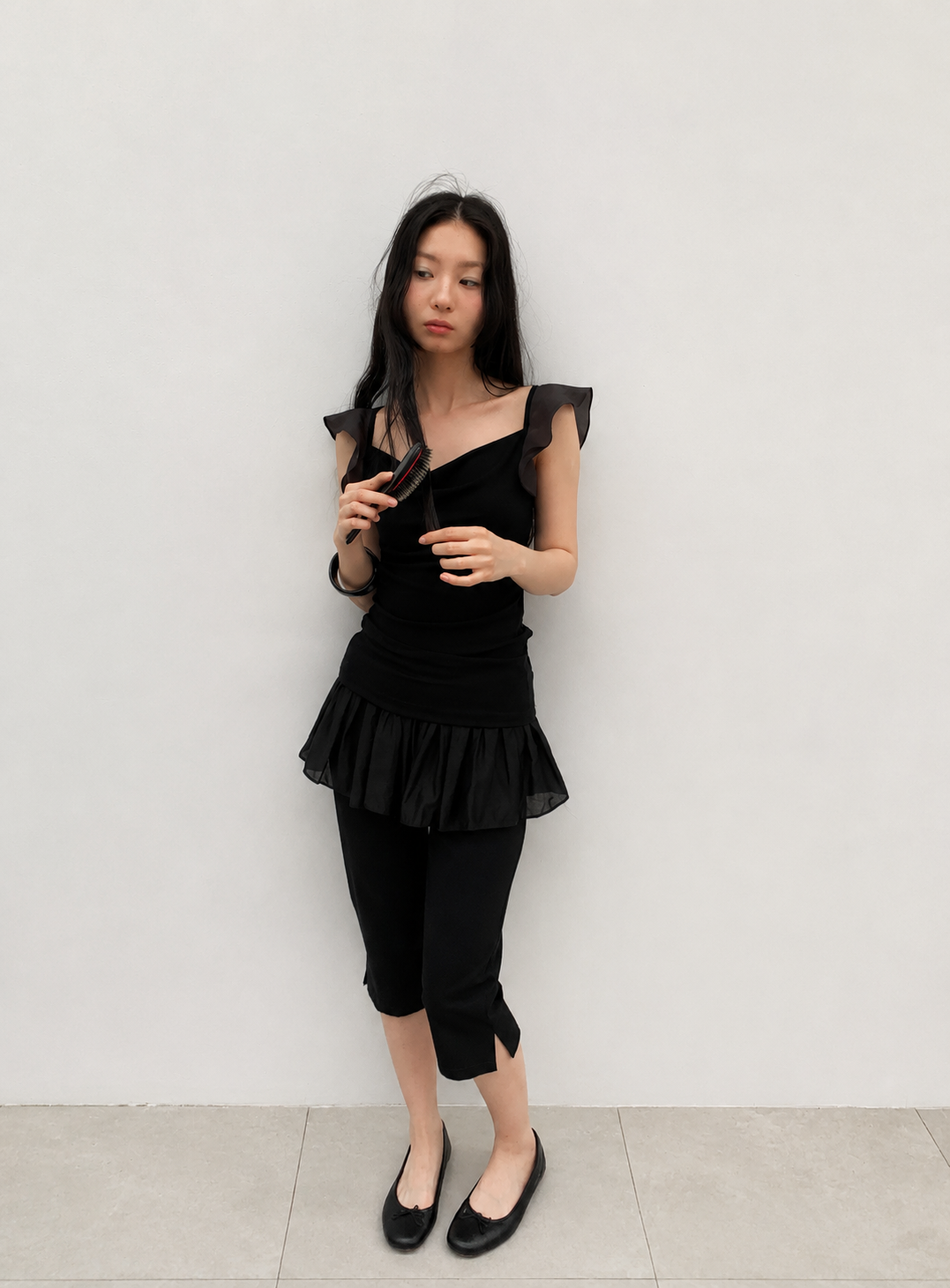 Ruffle Cowl Neck Fitted Top