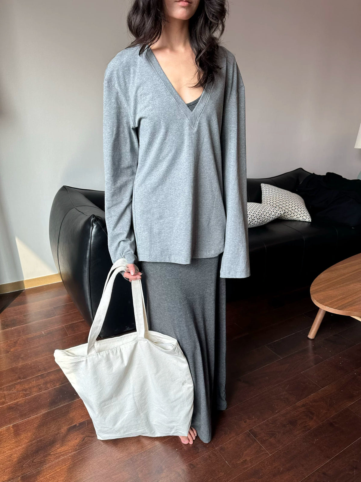 Relaxed Deep V-Neck Long Sleeve Tee