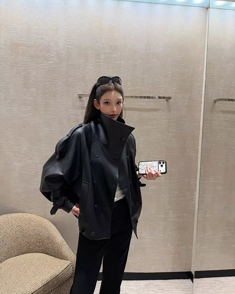 Oversized Double-Breasted Leather Jacket
