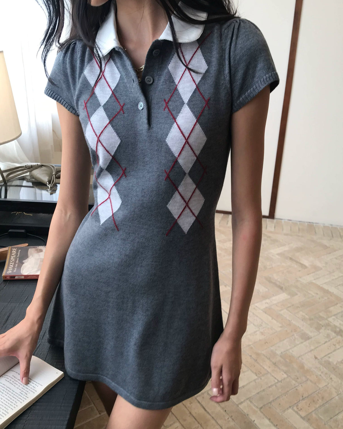 Argyle Polo Knit Mini Dress