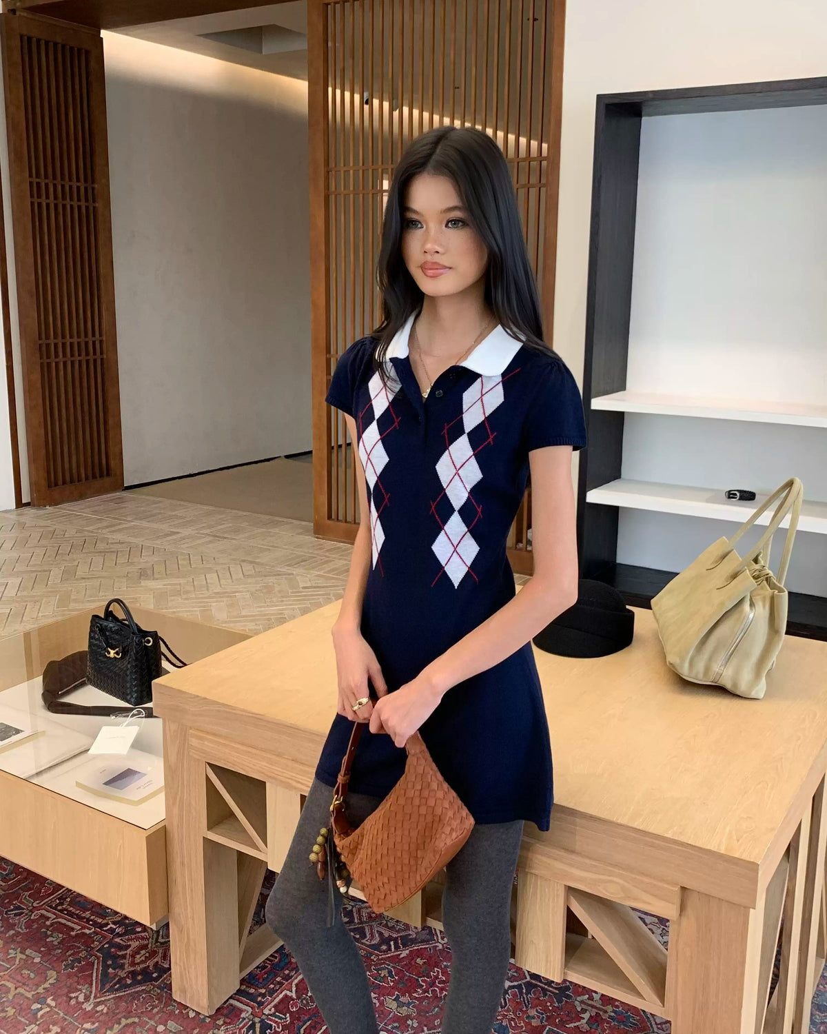 Argyle Polo Knit Mini Dress
