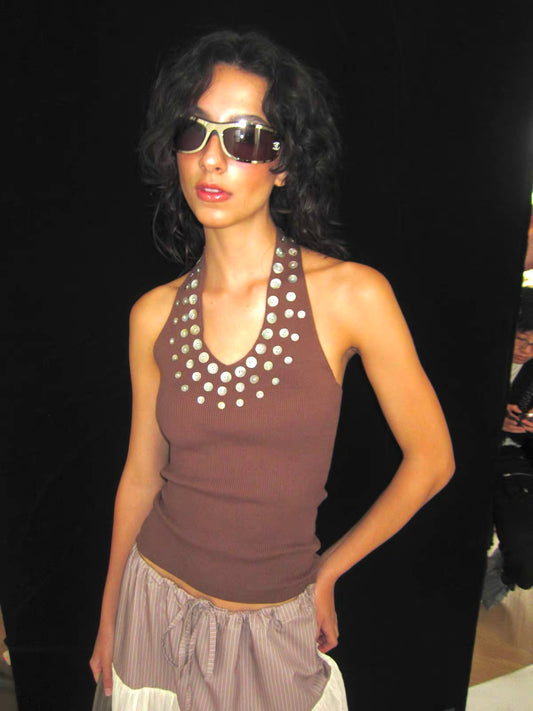 NO INFO | Intellectual Beaded Halter Knit Top