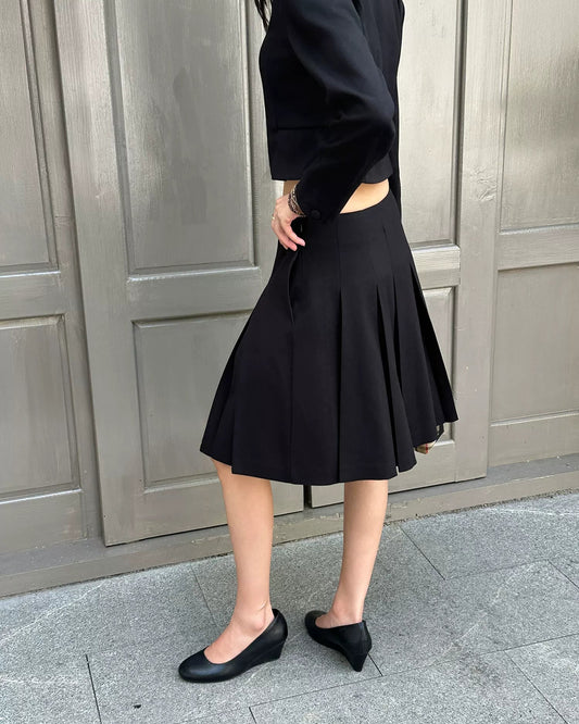 Black Low-Rise Pleated Midi Skirt