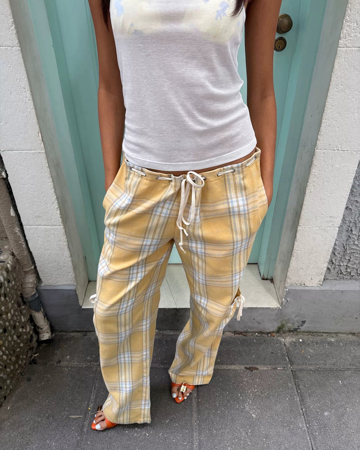 Butter Plaid Low-Rise Drawstring Pants