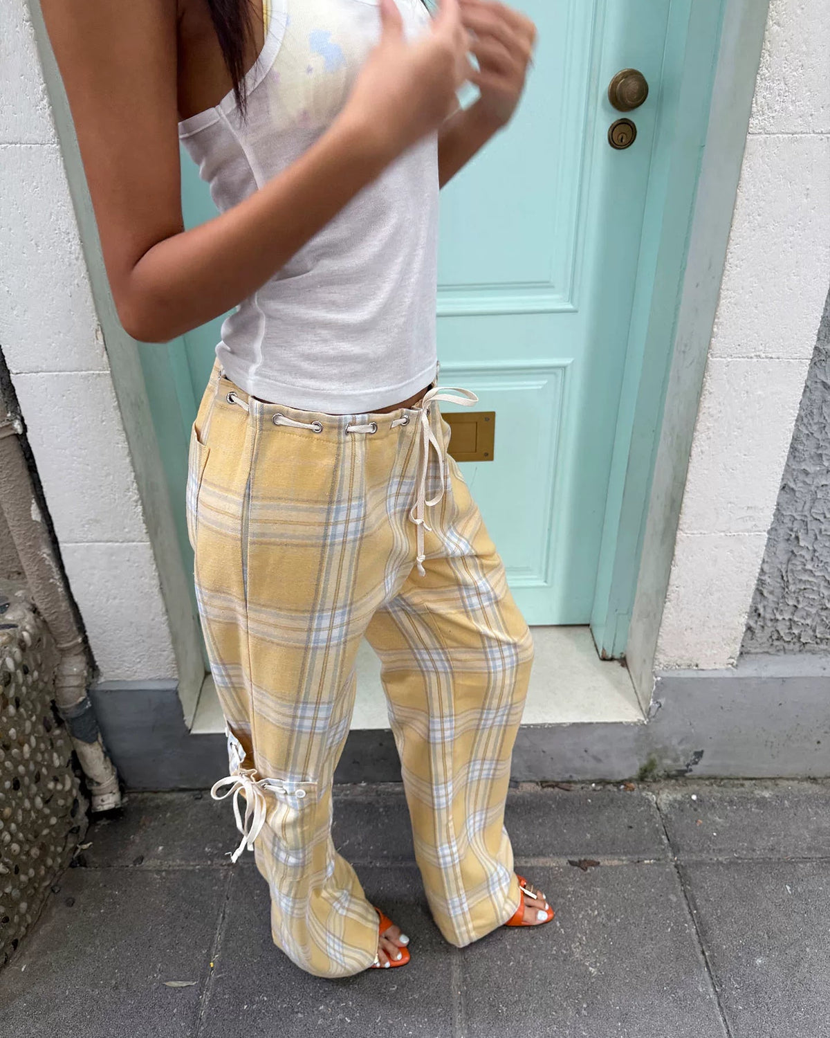 Butter Plaid Low-Rise Drawstring Pants