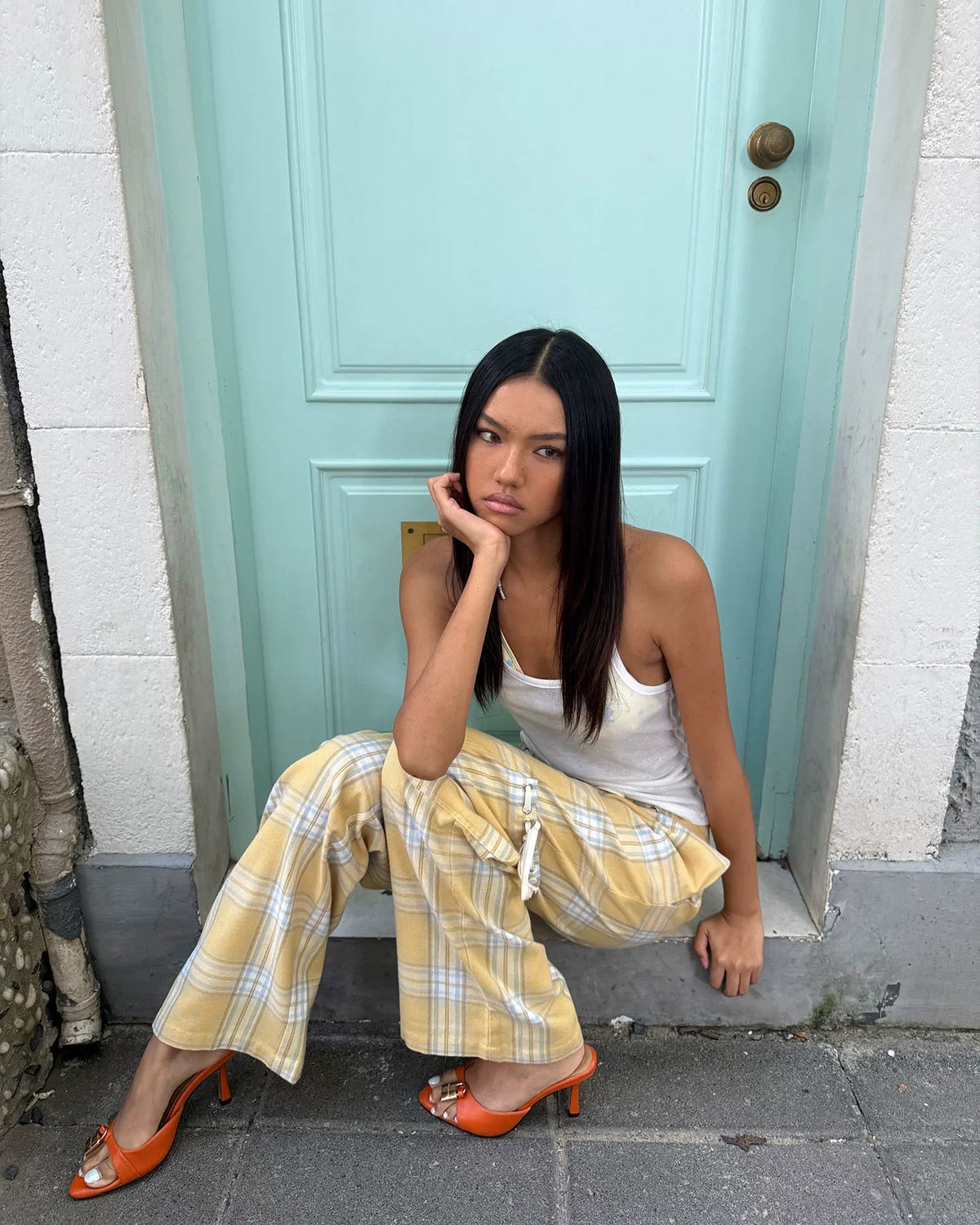 Butter Plaid Low-Rise Drawstring Pants