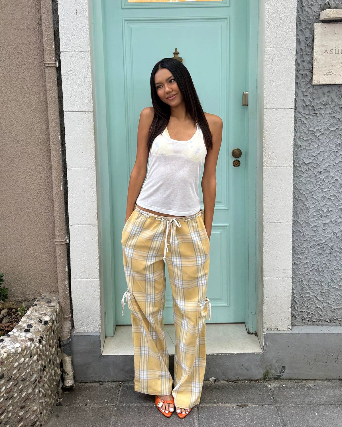 Butter Plaid Low-Rise Drawstring Pants