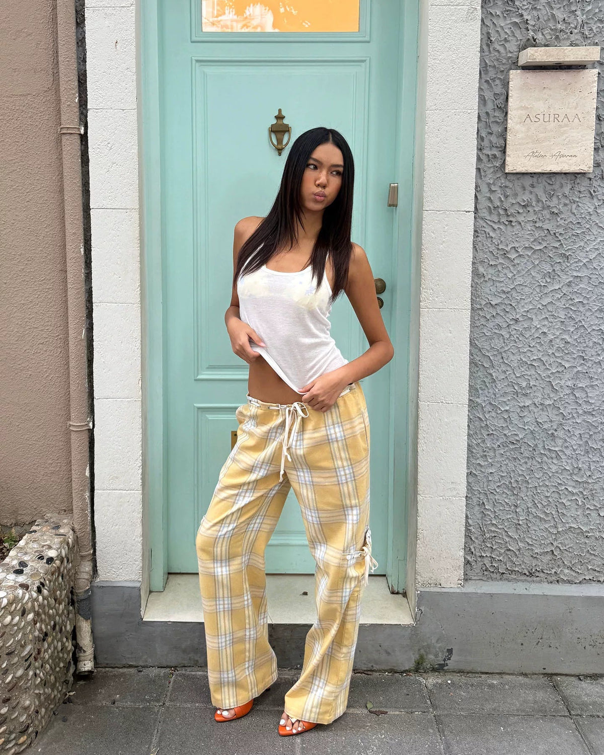 Butter Plaid Low-Rise Drawstring Pants