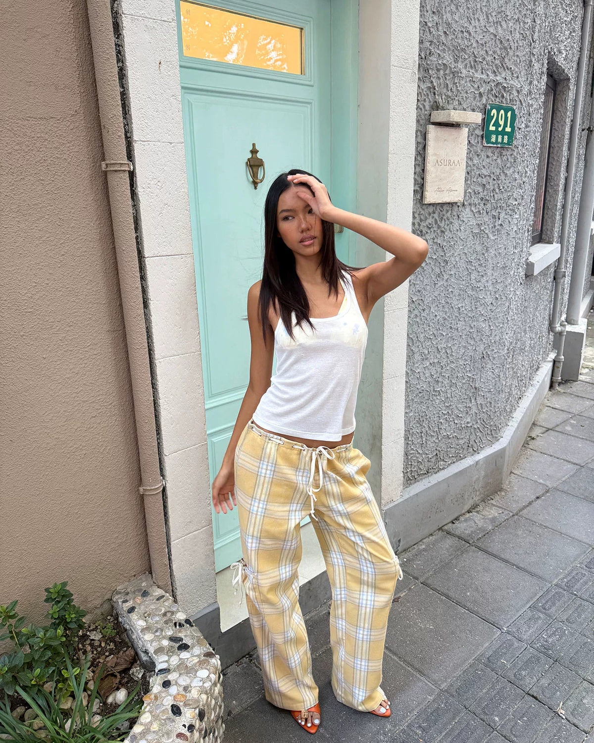 Butter Plaid Low-Rise Drawstring Pants