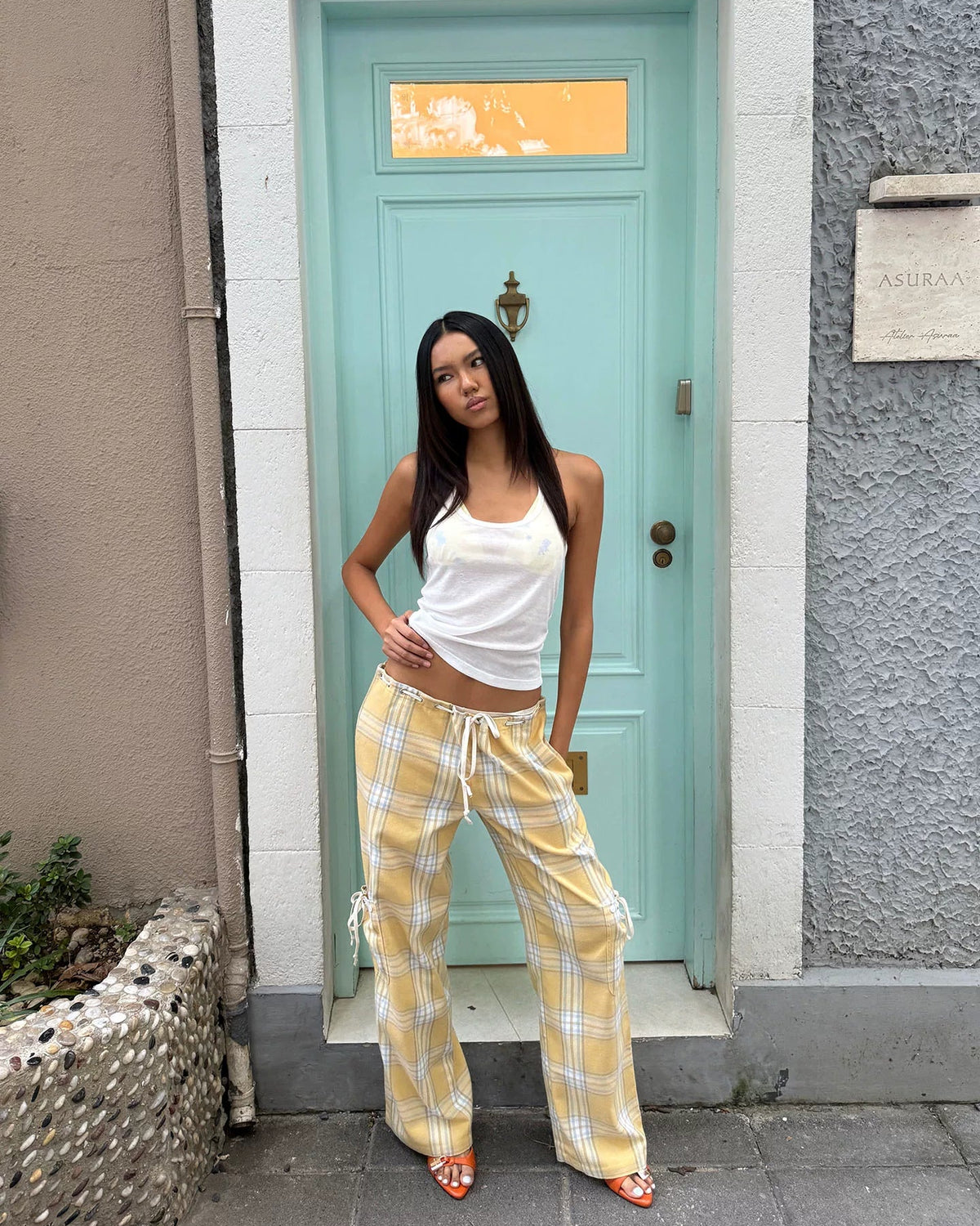 Butter Plaid Low-Rise Drawstring Pants