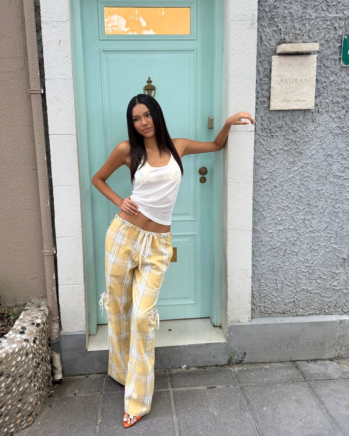 Butter Plaid Low-Rise Drawstring Pants