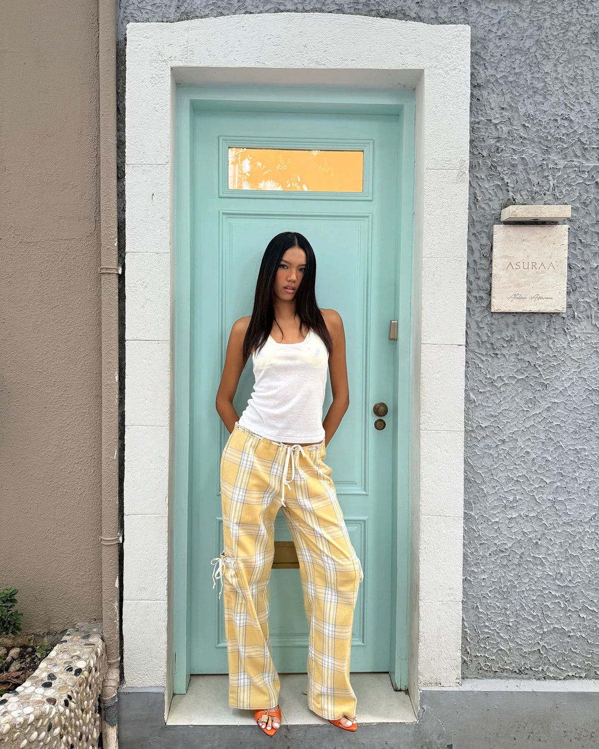 Butter Plaid Low-Rise Drawstring Pants