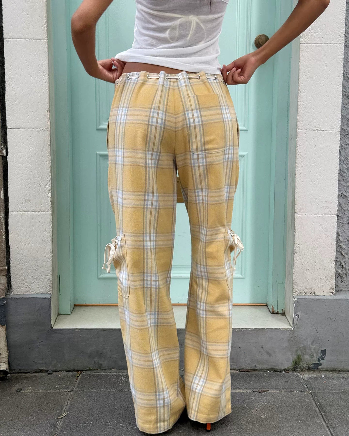 Butter Plaid Low-Rise Drawstring Pants