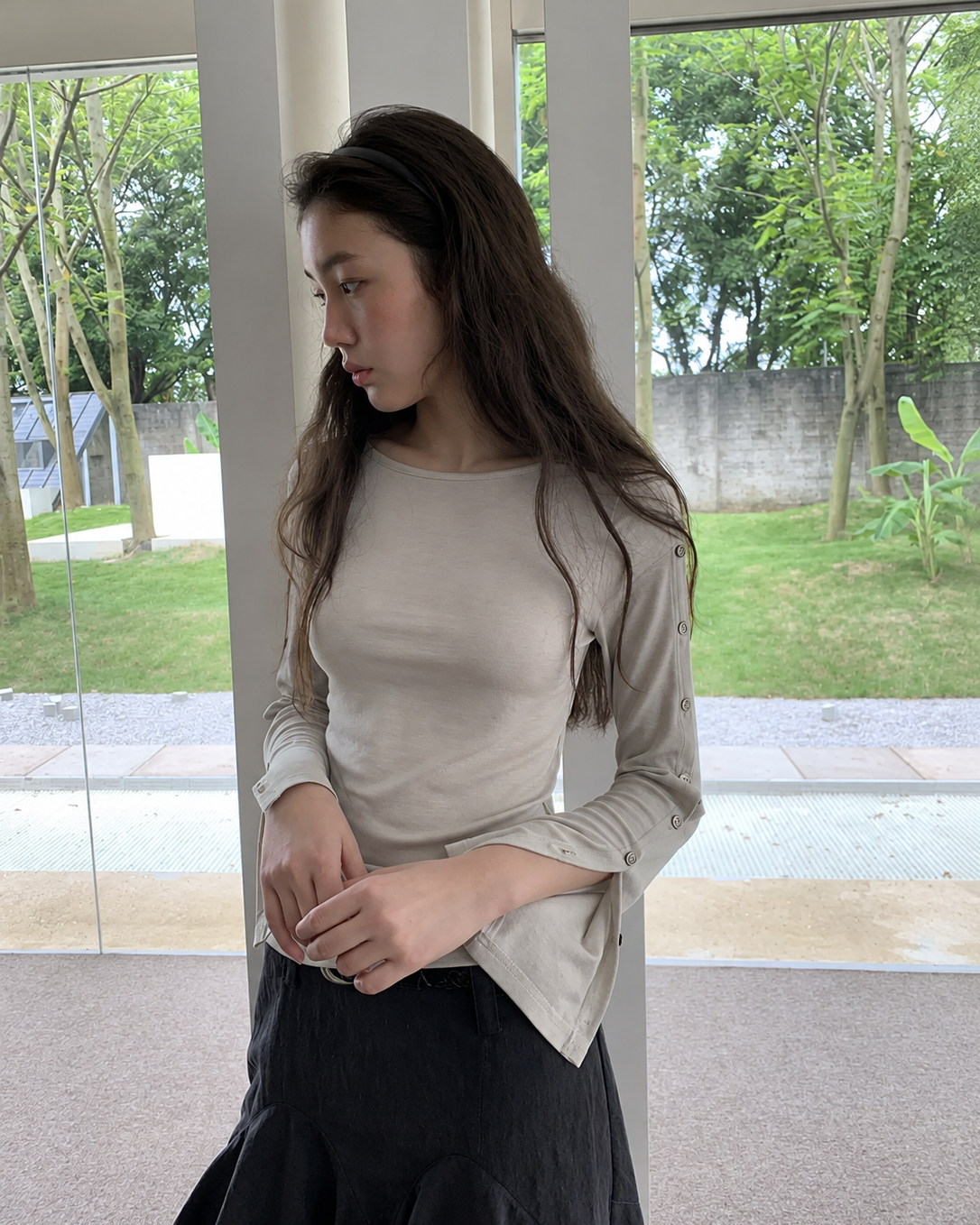 Button Detail Flare Sleeve Top