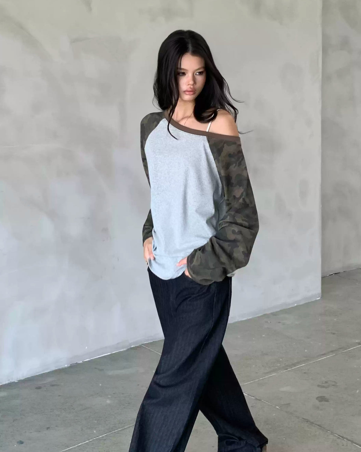 Camo Drift Off-Shoulder Raglan Top