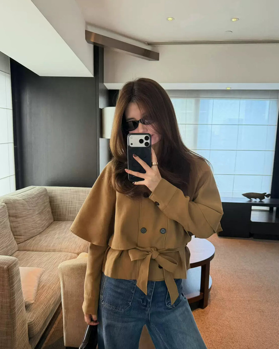 Elle | Cape Layer Belted Short Trench Jacket