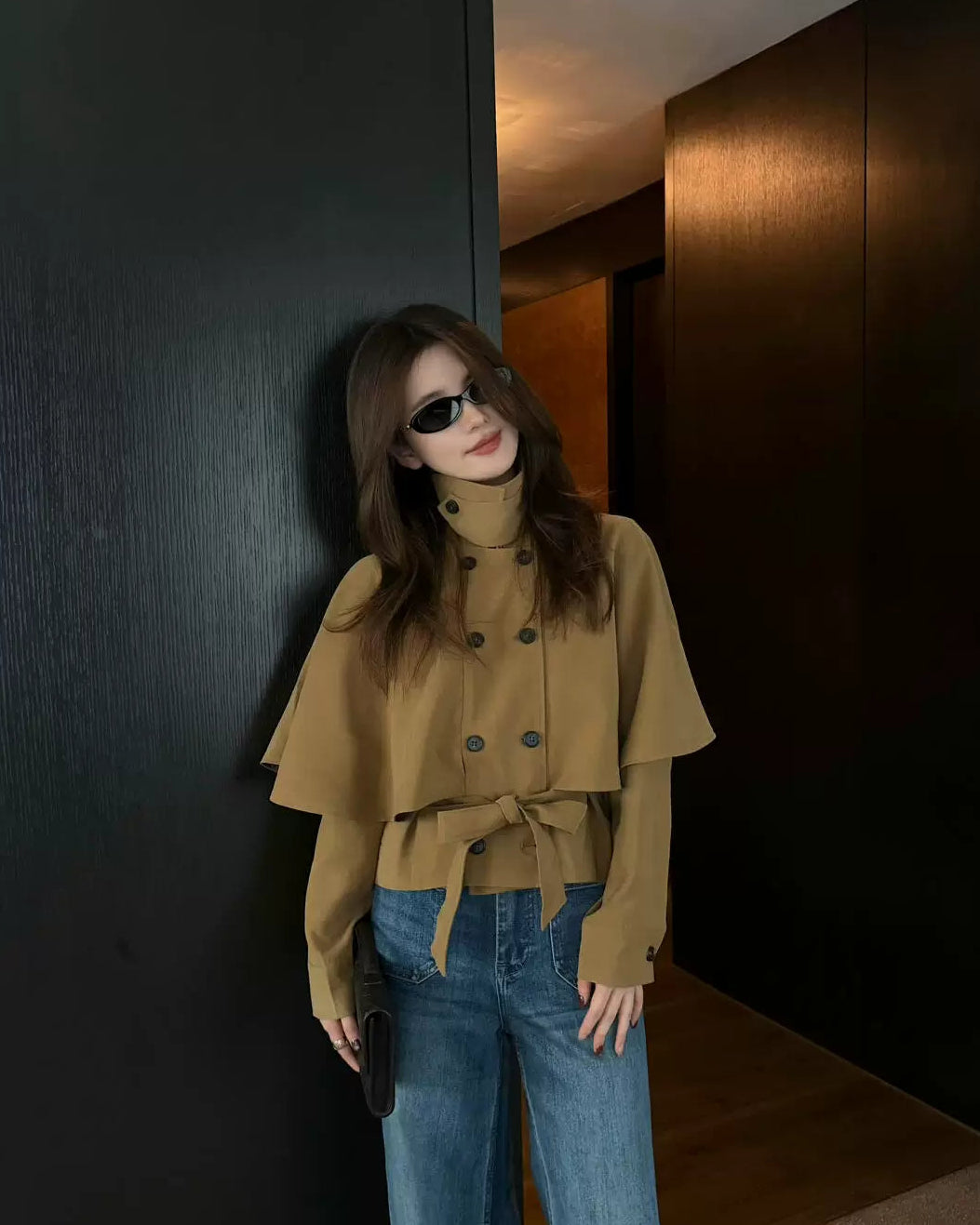 Elle | Cape Layer Belted Short Trench Jacket