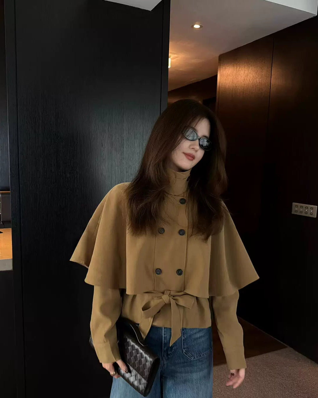 Elle | Cape Layer Belted Short Trench Jacket