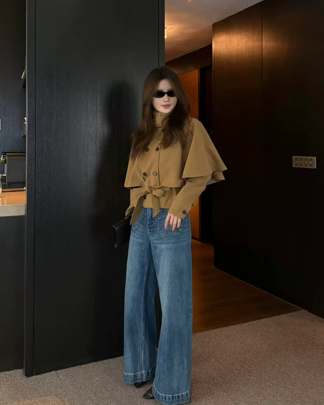 Elle | Cape Layer Belted Short Trench Jacket