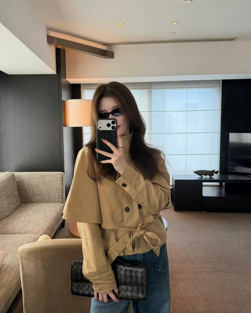 Elle | Cape Layer Belted Short Trench Jacket