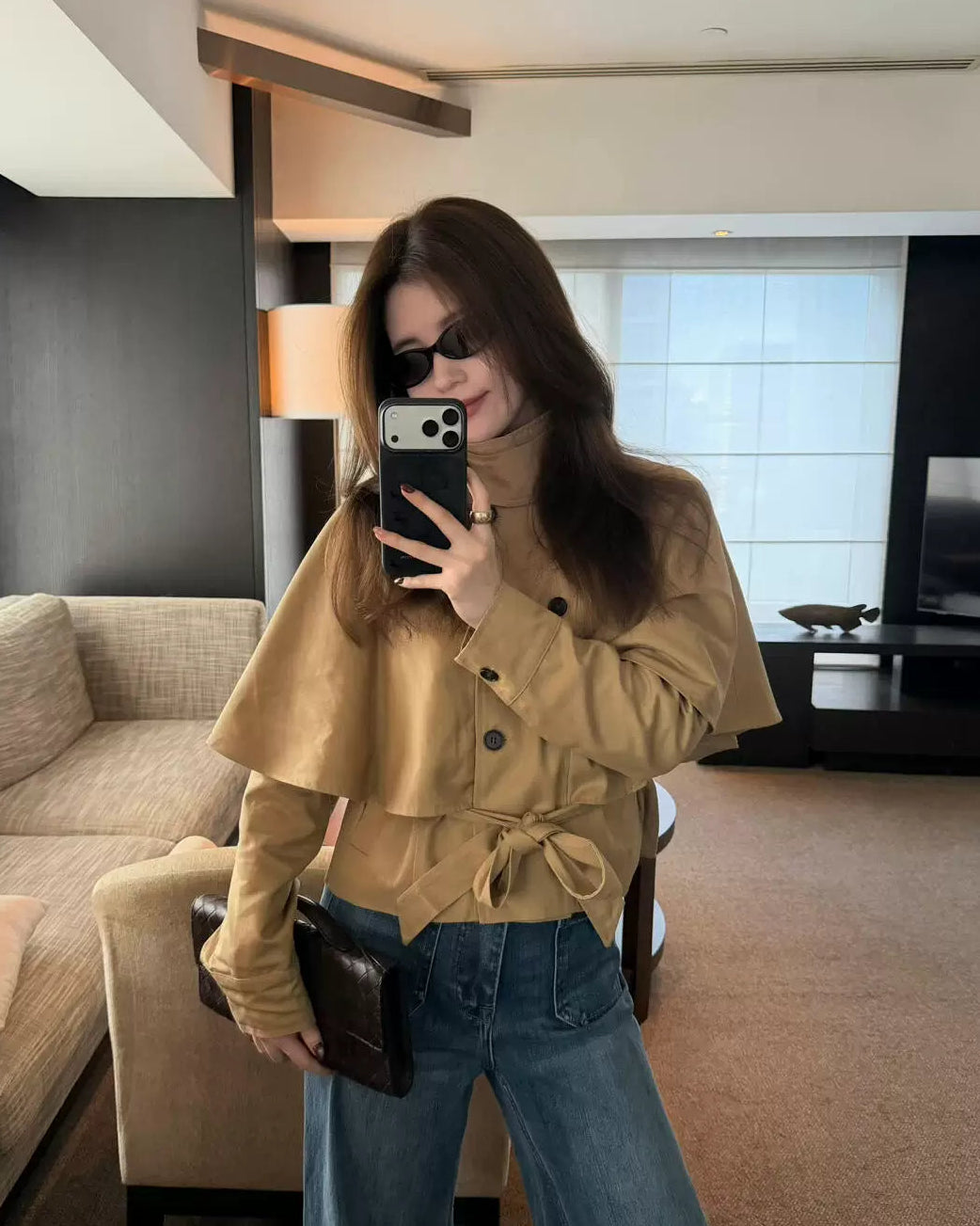 Elle | Cape Layer Belted Short Trench Jacket