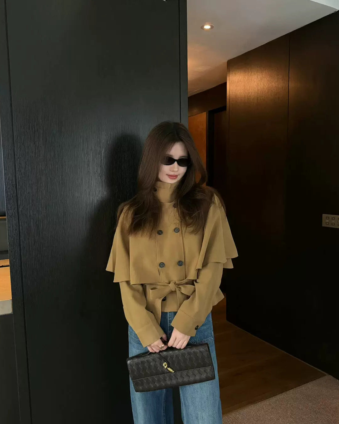 Elle | Cape Layer Belted Short Trench Jacket