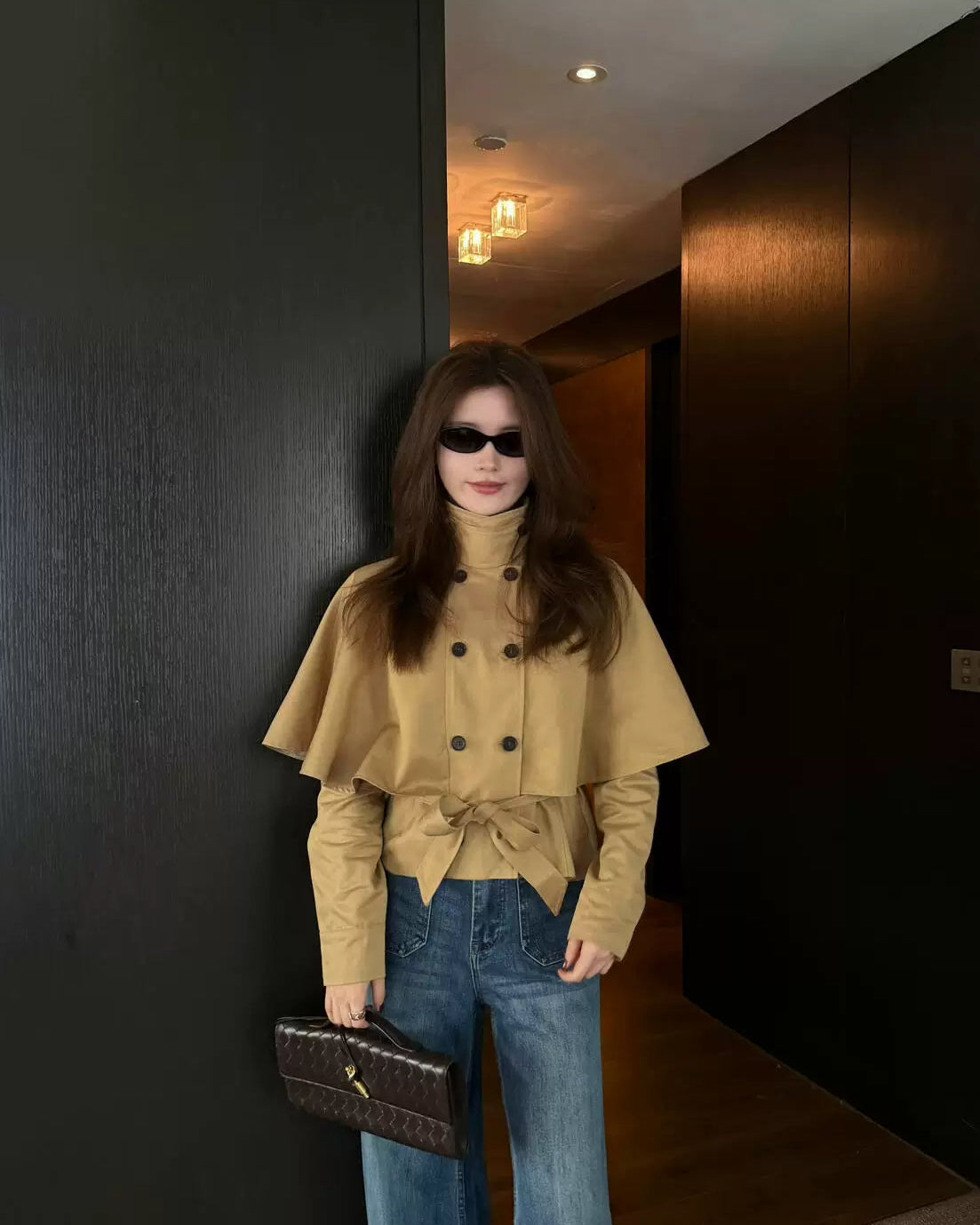 Elle | Cape Layer Belted Short Trench Jacket