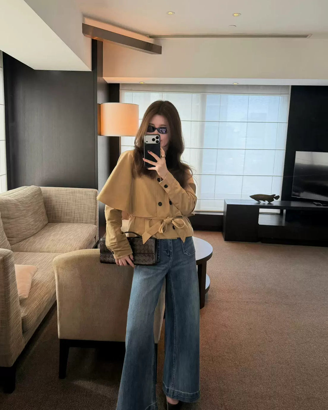 Elle | Cape Layer Belted Short Trench Jacket