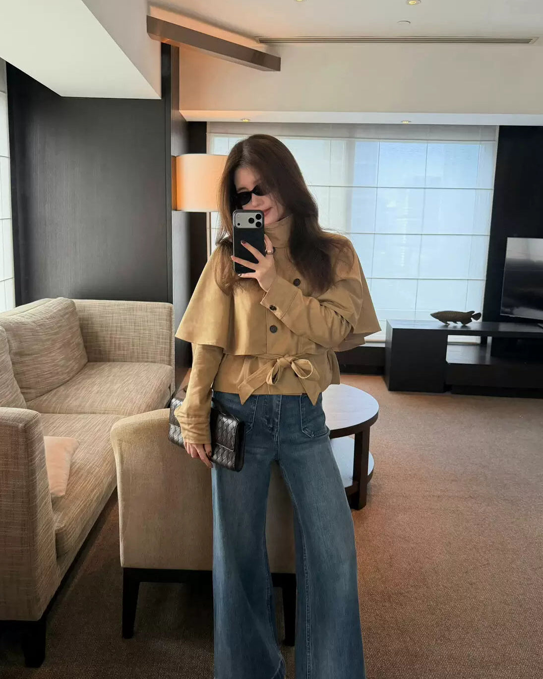 Elle | Cape Layer Belted Short Trench Jacket