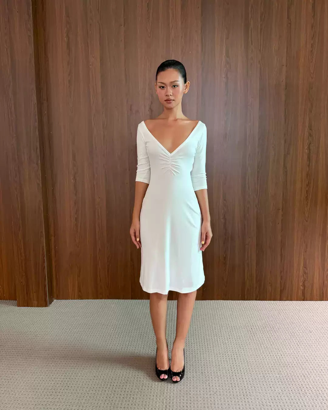 Celeste Deep V Open Back Midi Dress
