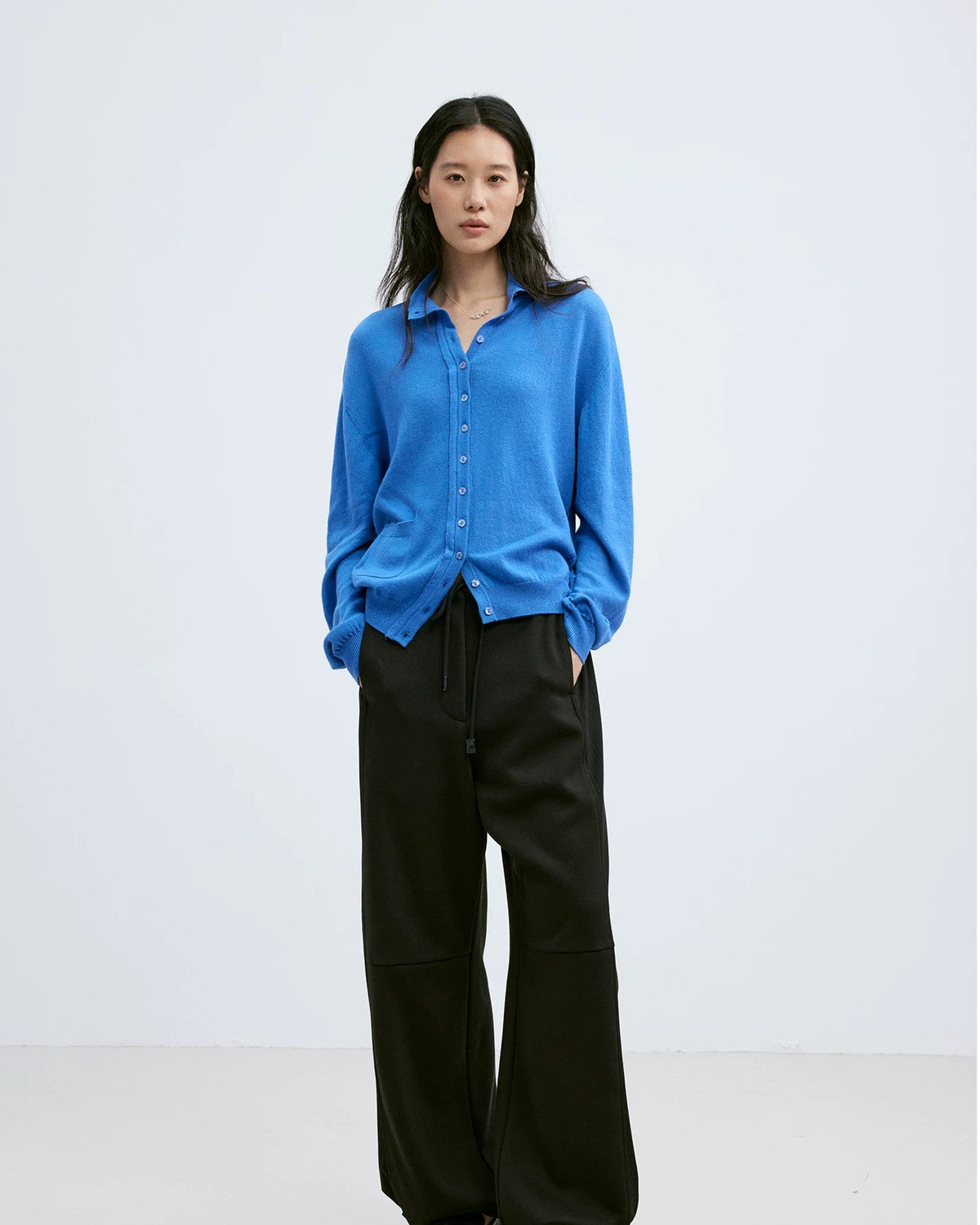 Cobalt Blue Wool-Blend Polo Cardigan