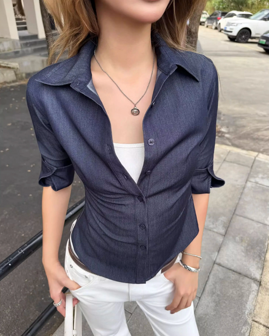 Denim-Effect Cinched Shirt