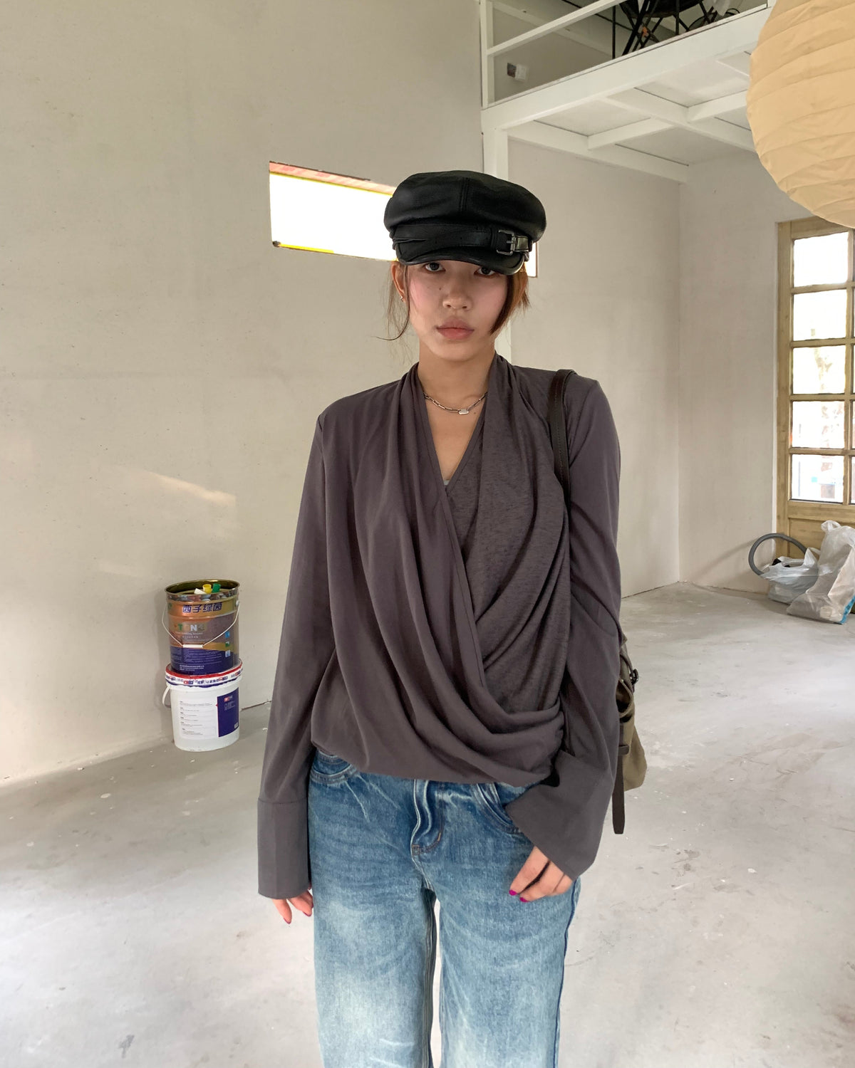 Draped Cross V-Neck Long Sleeve Top