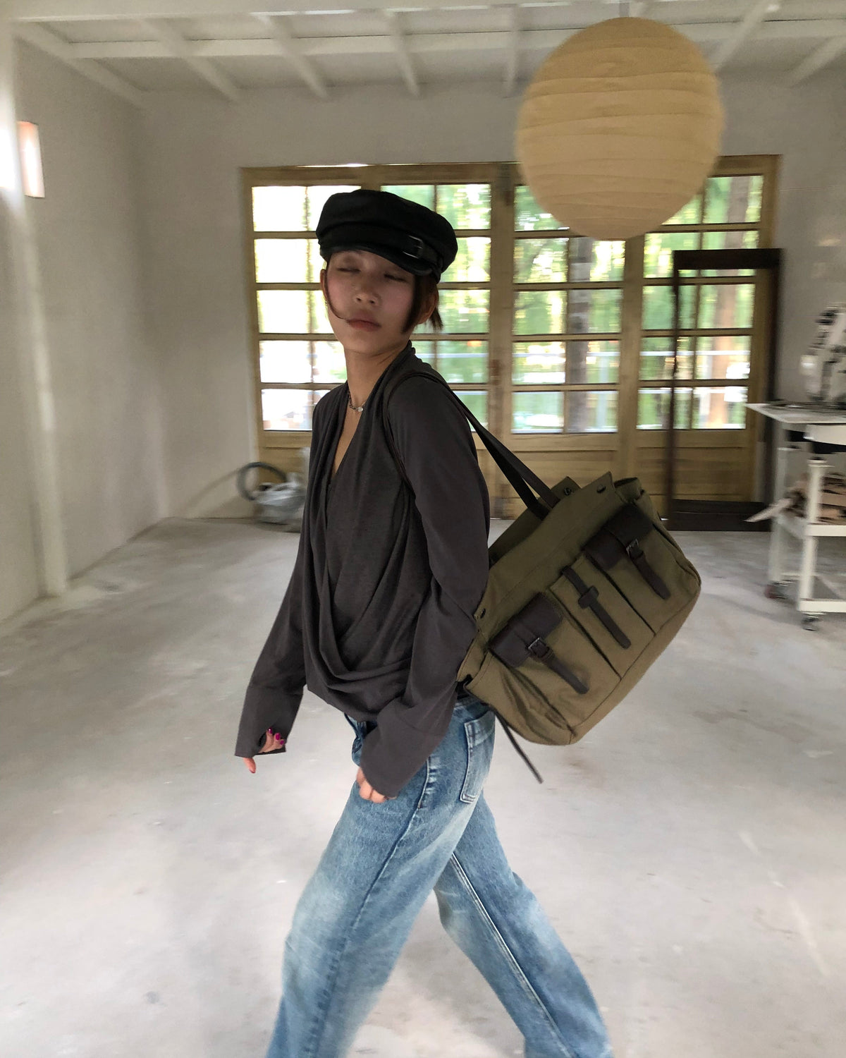 Draped Cross V-Neck Long Sleeve Top