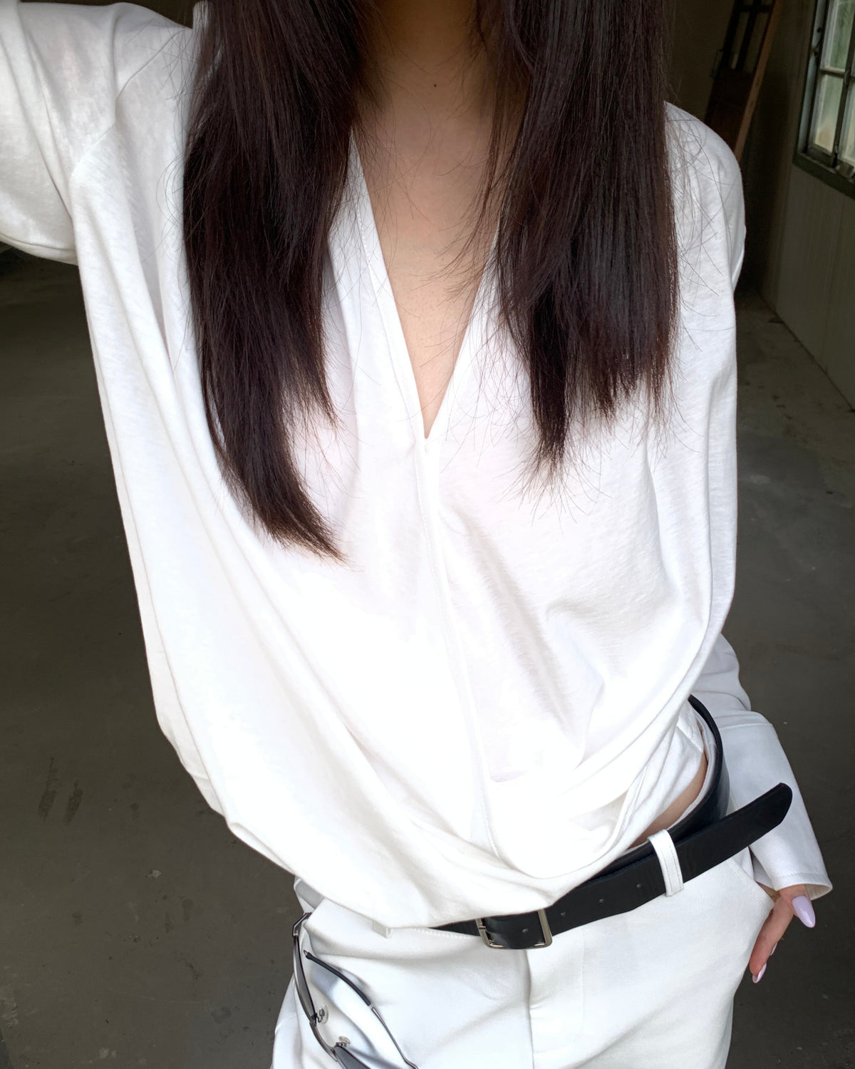 Draped Cross V-Neck Long Sleeve Top