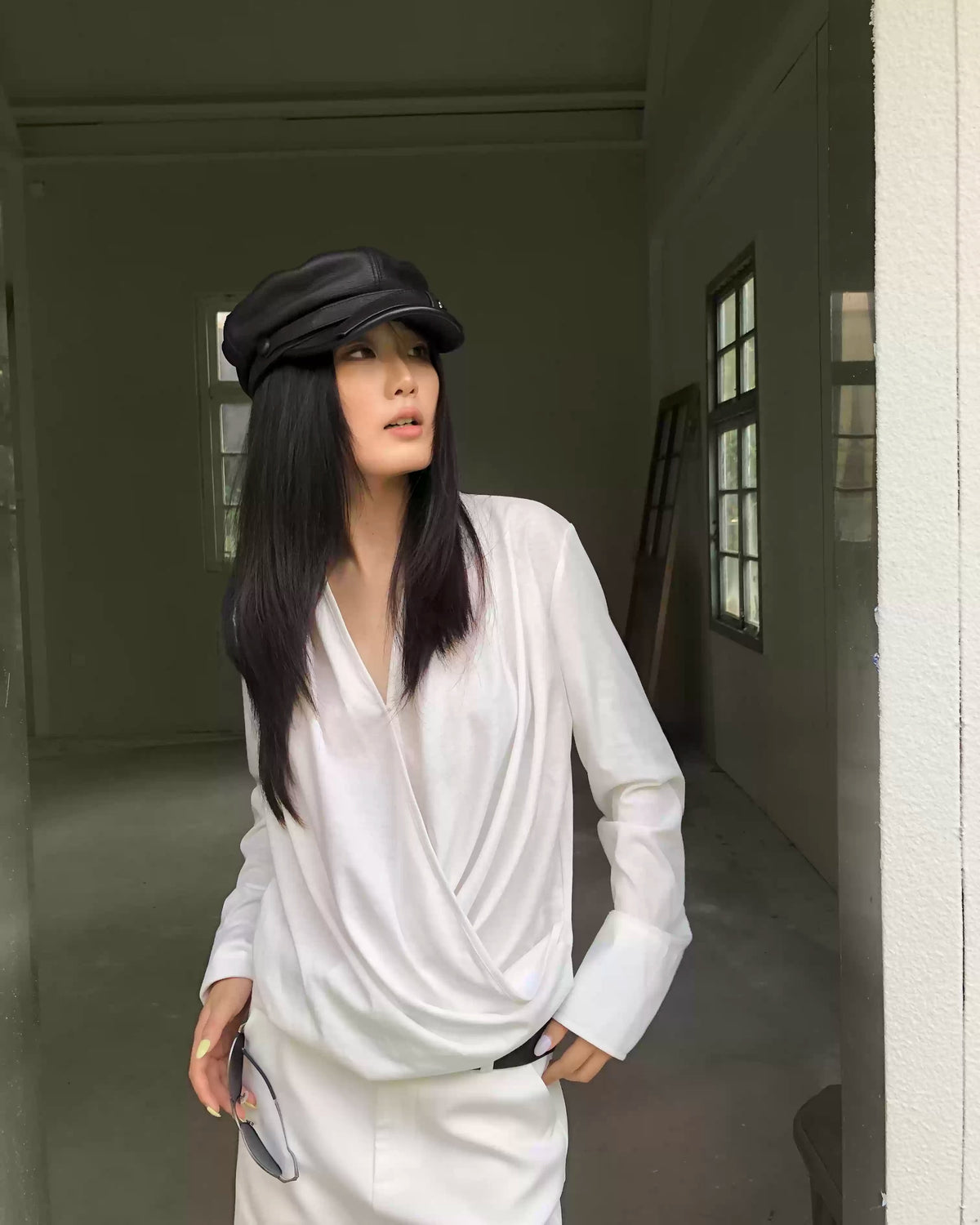 Draped Cross V-Neck Long Sleeve Top