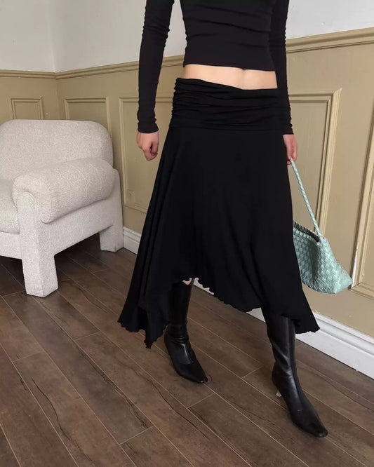 Draped Fold-Over Asymmetric Midi Skirt