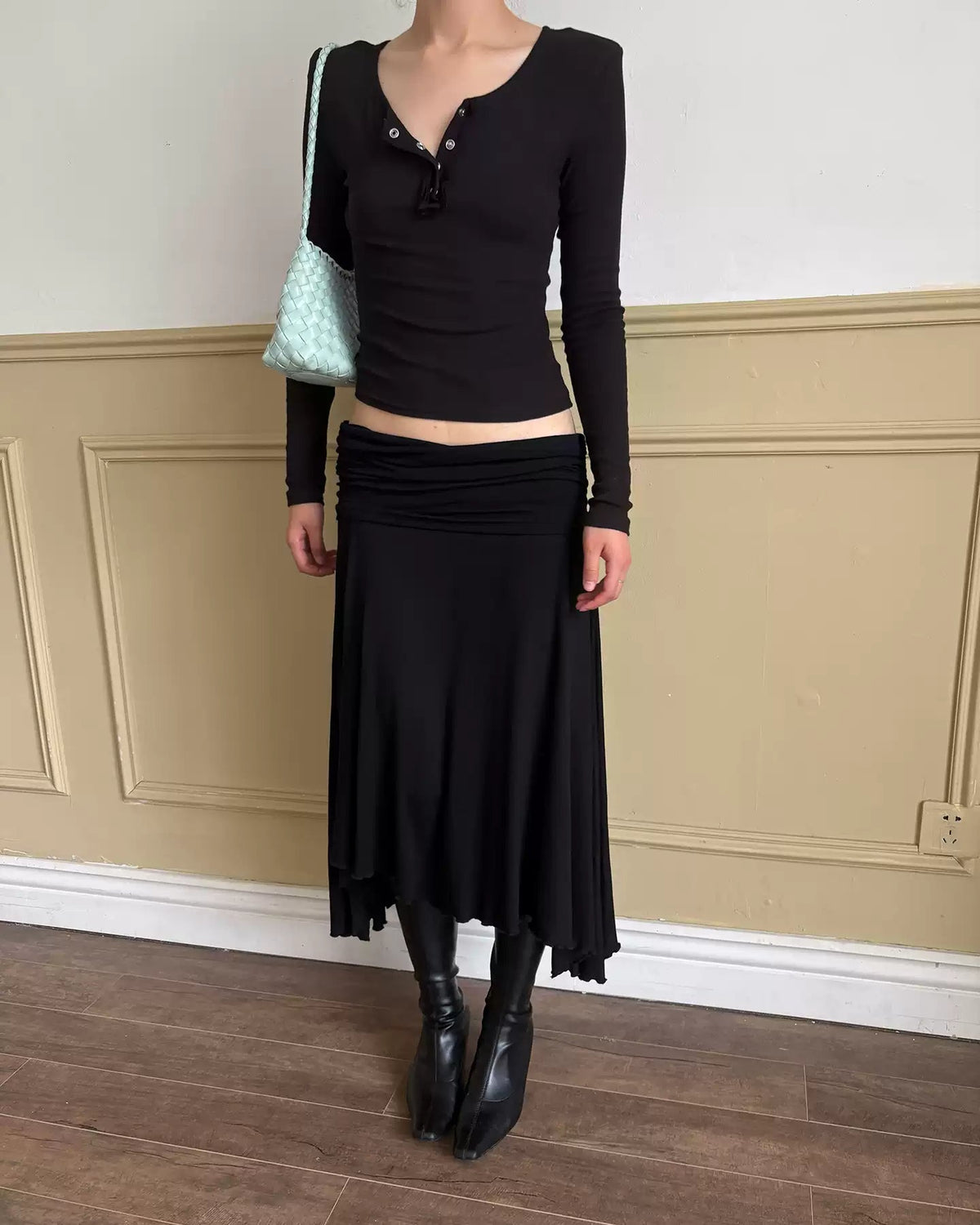 Draped Fold-Over Asymmetric Midi Skirt